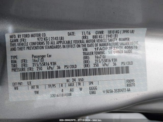 1FADP3F2XGL406678 Ford FOCUS SE