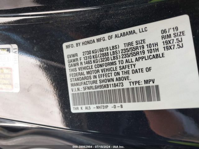 5FNRL6H95KB118473 Honda Odyssey Elite
