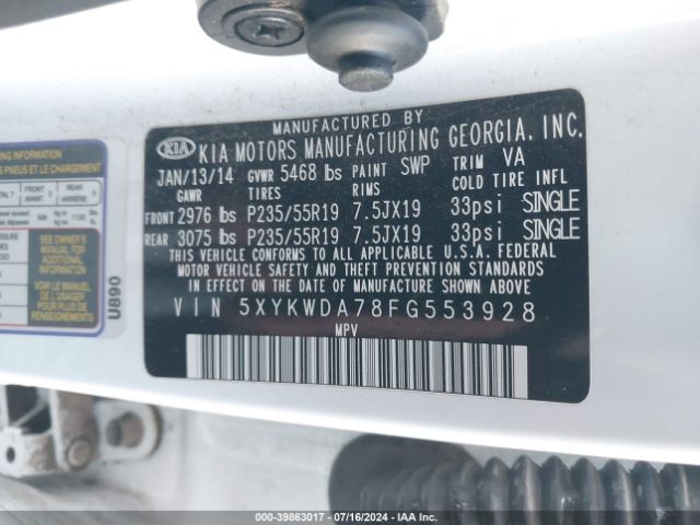 5XYKWDA78FG553928 KIA Sorento Sx V6
