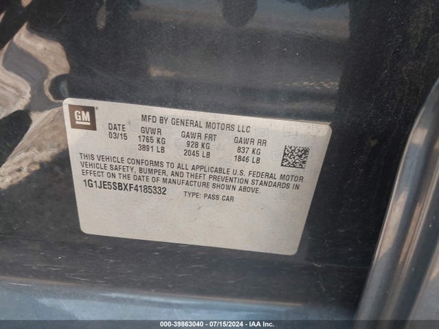 Продажа на аукционе авто 2015 Chevrolet Sonic Ltz Auto, vin: 1G1JE5SBXF4185332, номер лота: 39863040