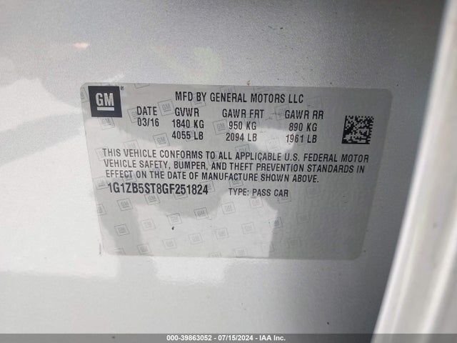 Chevrolet MALIBU LS 2016 1G1ZB5ST8GF251824 Image 9