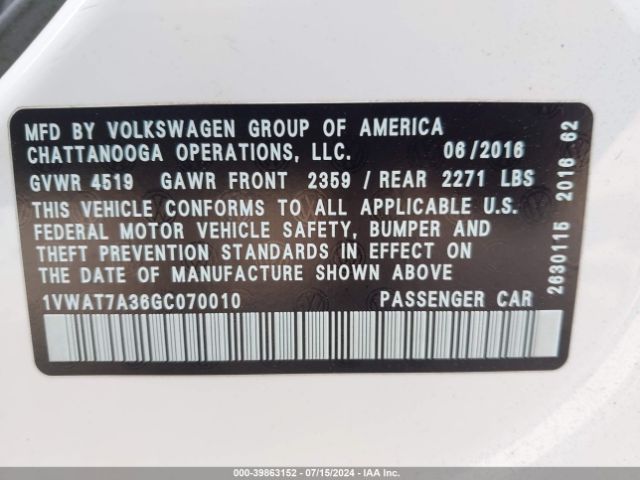 1VWAT7A36GC070010 Volkswagen Passat 1.8t R-line/1.8t S