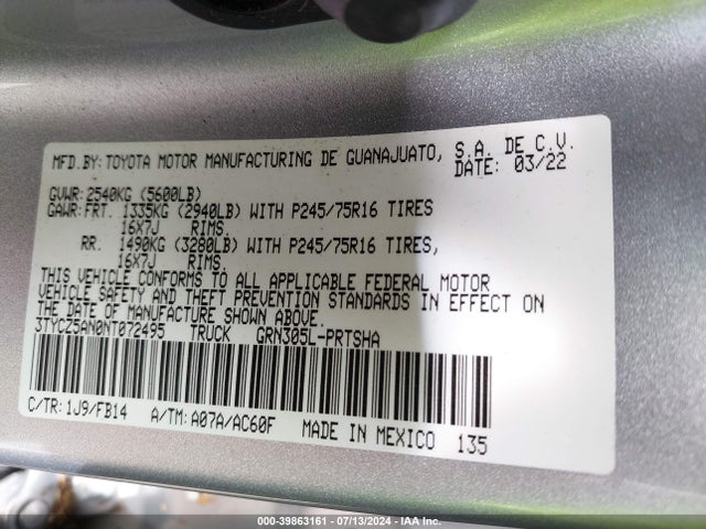 3TYCZ5AN0NT072495 Toyota Tacoma Sr V6