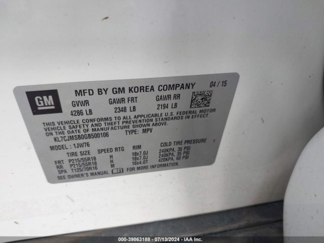KL7CJMSB0GB500106 Chevrolet TRAX LTZ