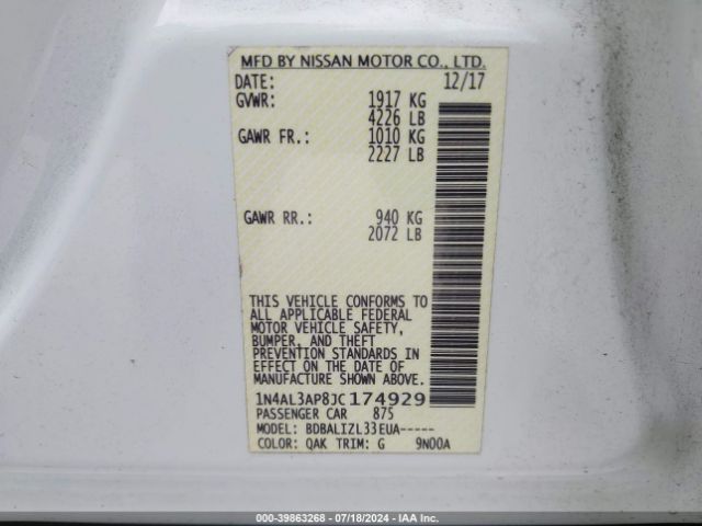 1N4AL3AP8JC174929 Nissan Altima 2.5 Sv