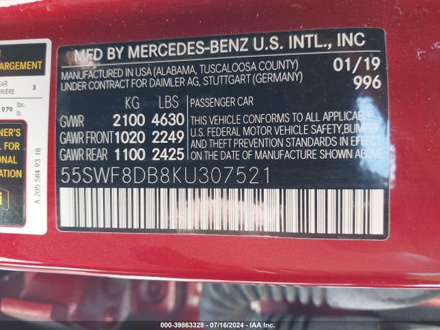 39863328 :رقم المزاد ، 55SWF8DB8KU307521 vin ، 2019 Mercedes-benz C 300 مزاد بيع