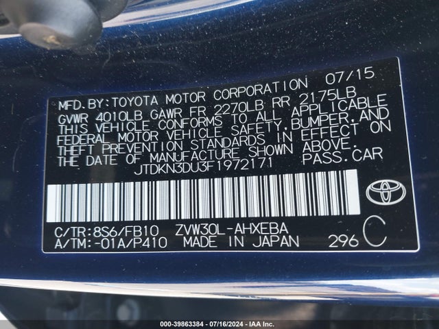 Toyota Prius Two 2015 JTDKN3DU3F1972171 Image 9