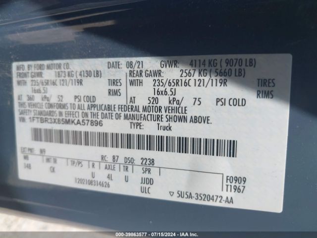 1FTBR3X85MKA57896 Ford Transit-250 Cargo Van