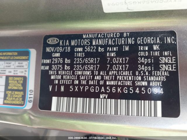 5XYPGDA56KG545094 KIA Sorento 3.3l Lx