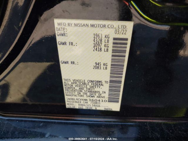 1N4BL4CVXNN360410 Nissan Altima Sr Fwd