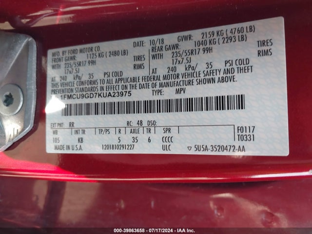 Ford ESCAPE SE 2019 1FMCU9GD7KUA23975 Image 9