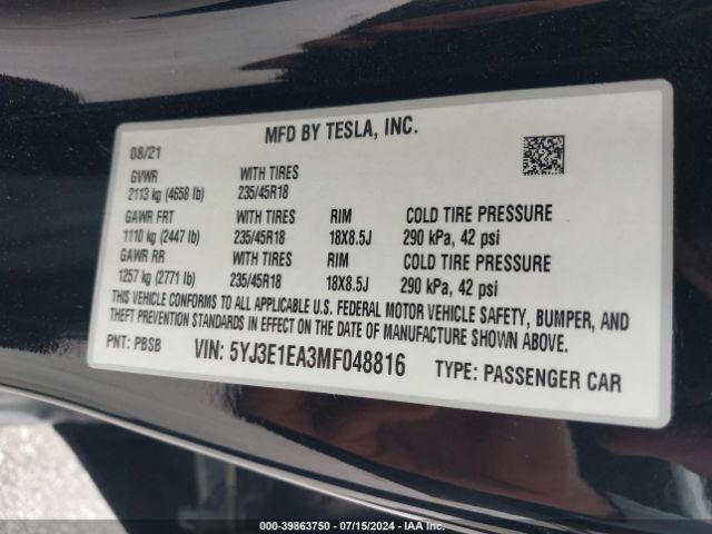 5YJ3E1EA3MF048816 Tesla Model 3 Standard Range Plus Rear-wheel Drive