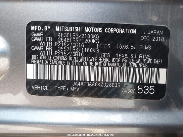 JA4AT3AA8KZ028836 Mitsubishi Eclipse Cross Es