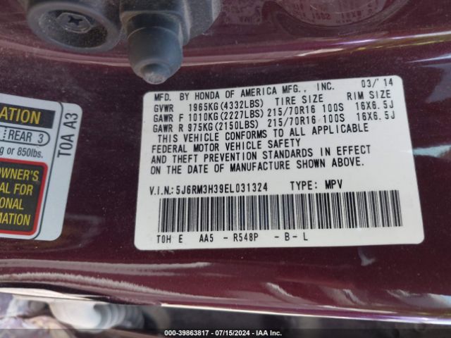 5J6RM3H39EL031324 Honda CR-V LX