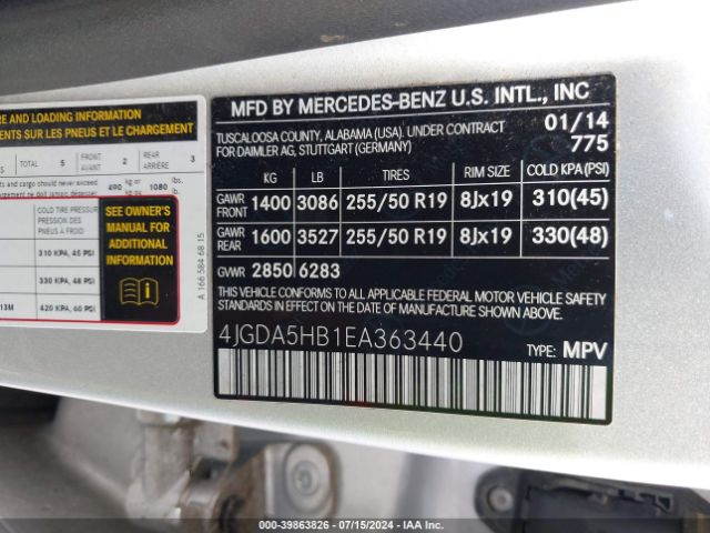 4JGDA5HB1EA363440 Mercedes-Benz Ml 350 4matic