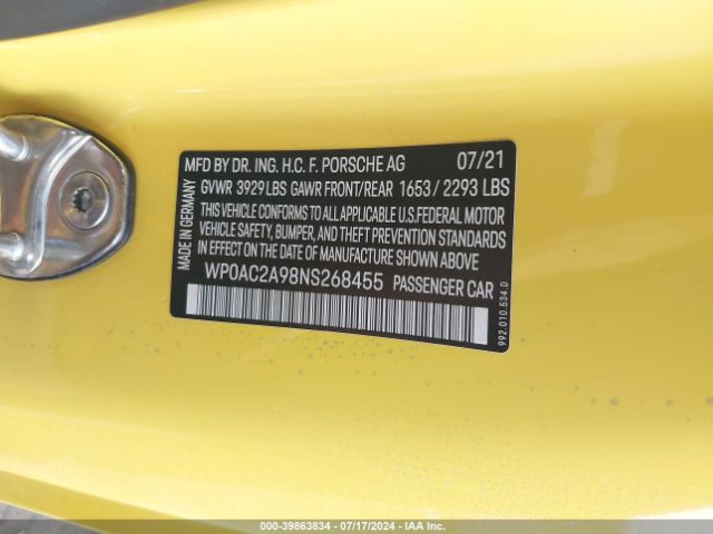 2022 PORSCHE 911 WP0AC2A98NS268455 Photo 8