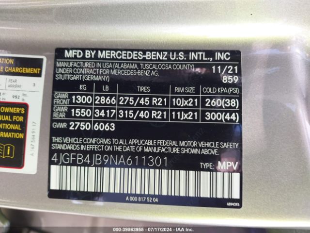 4JGFB4JB9NA611301 Mercedes-Benz GLE 350