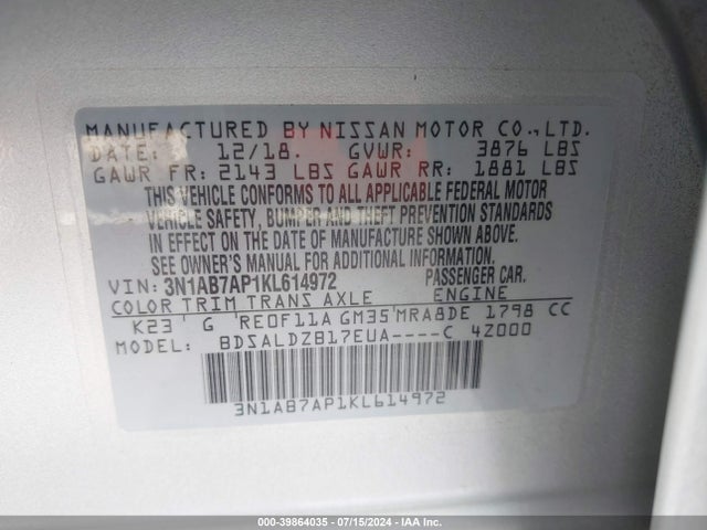 Nissan SENTRA SV 2019 3N1AB7AP1KL614972 Image 9