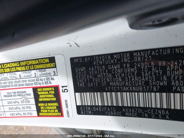 Toyota CAMRY LE 2022 4T1C11AKXNU617787 Image 9