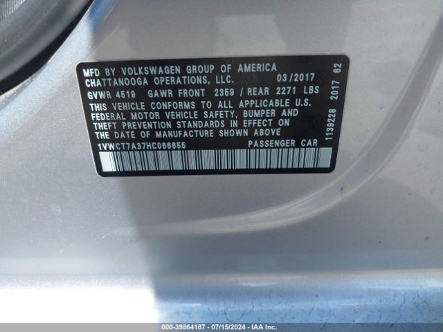 1VWCT7A37HC066655 Volkswagen Passat 1.8t Sel Premium