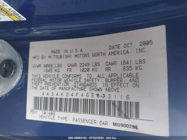 2006 MITSUBISHI ECLIPSE 4A3AK24F46E033116 Photo 8