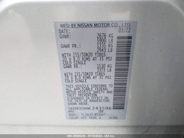 5N1DR3CDXNC243596 Nissan Pathfinder Sl 4wd