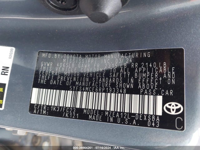 Toyota COROLLA SE 2024 5YFS4MCE6RP193348 Image 9