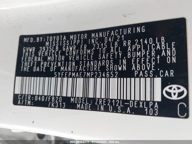 Toyota COROLLA LE 2021 5YFEPMAE7MP234652 Image 9