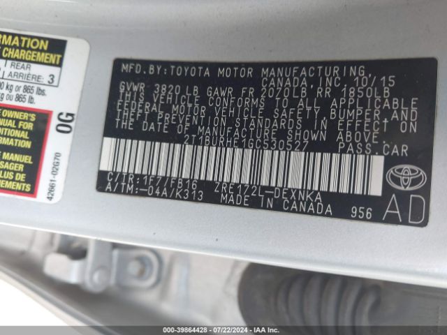 2T1BURHE1GC530527 Toyota COROLLA LE