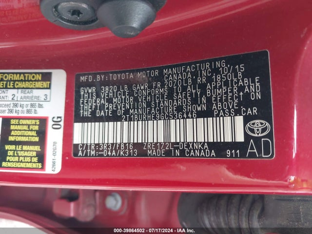 Toyota COROLLA LE 2016 2T1BURHE9GC536446 Image 9