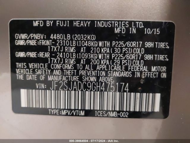 JF2SJADC9GH475174 Subaru Forester 2.5i Premium