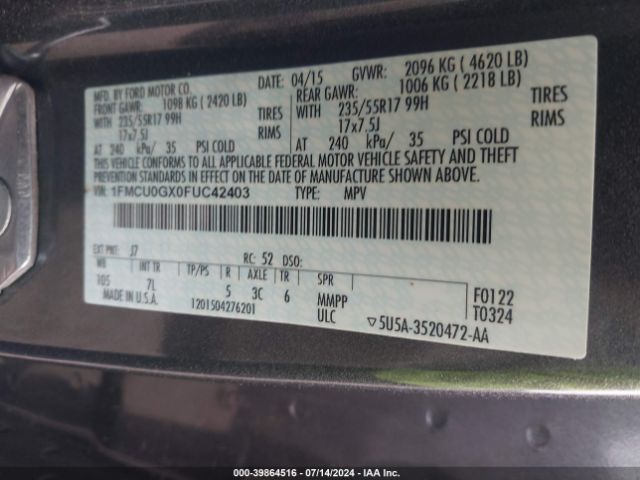 1FMCU0GX0FUC42403 Ford ESCAPE SE