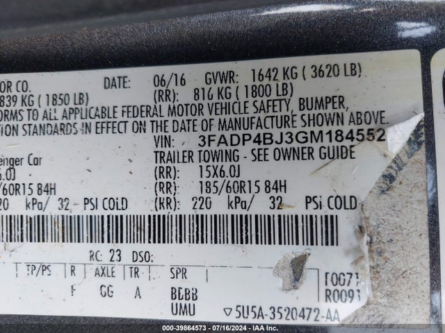 Ford FIESTA SE 2016 3FADP4BJ3GM184552 Image 9