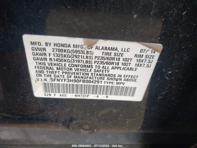 Honda Pilot Touring 2015 5FNYF3H90FB004291 Image 9