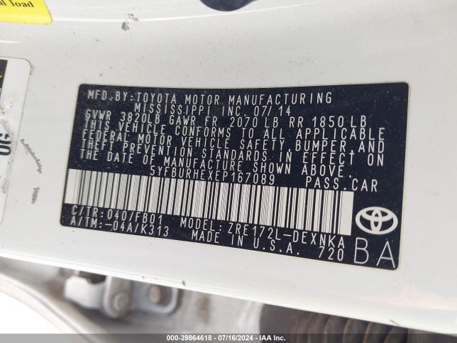 Toyota COROLLA LE 2014 5YFBURHEXEP167089 Image 9
