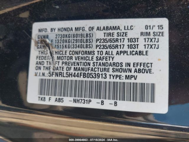 5FNRL5H44FB053913 Honda ODYSSEY EX