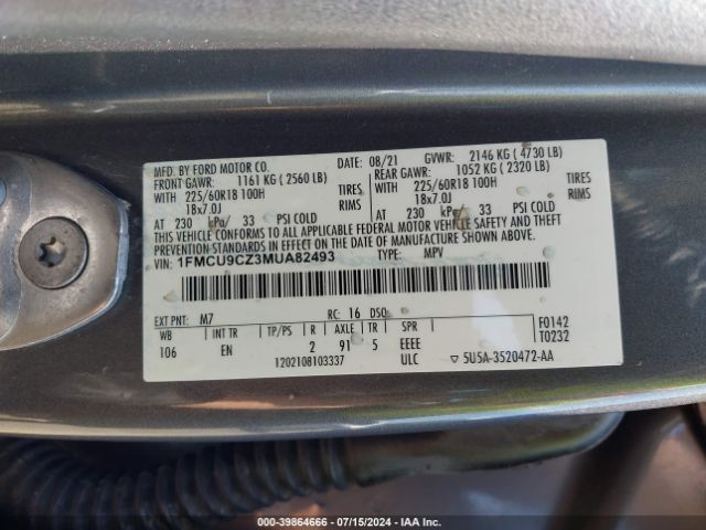1FMCU9CZ3MUA82493 Ford Escape Sel Hybrid