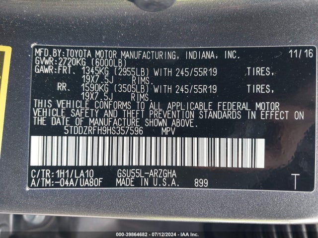Toyota Highlander Limited 2017 5TDDZRFH9HS357596 Image 9