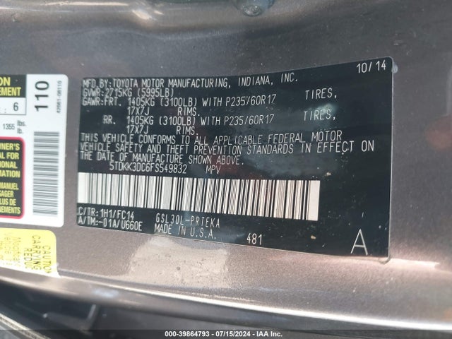 Toyota Sienna Le 8 Passenger 2015 5TDKK3DC6FS549832 Image 9