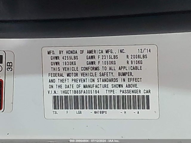 Honda Accord Ex-l 2015 1HGCT1B85FA005194 Image 9