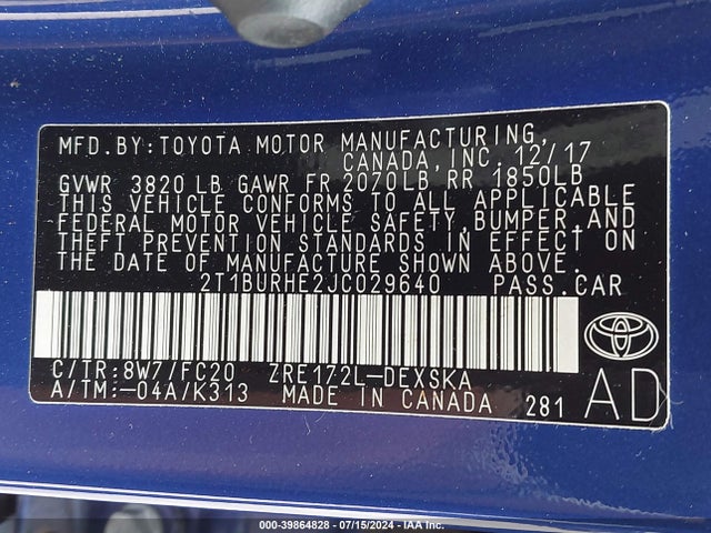 2T1BURHE2JC029640 Toyota COROLLA SE