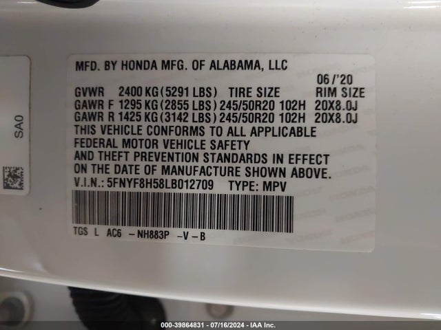 Honda Passport Awd Ex-l 2020 5FNYF8H58LB012709 Image 9
