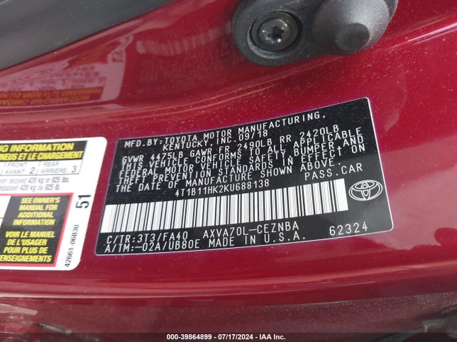 Toyota CAMRY LE 2019 4T1B11HK2KU688138 Image 9