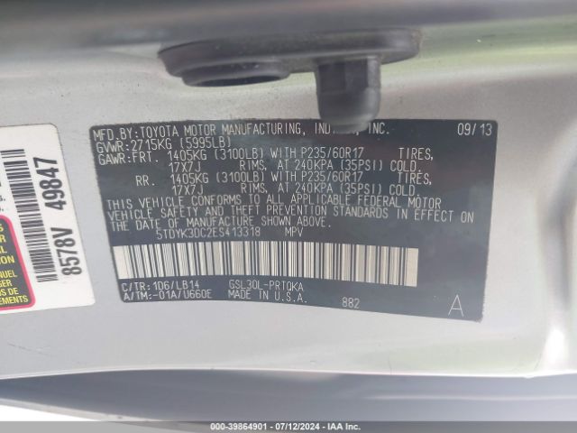 5TDYK3DC2ES413318 Toyota Sienna Xle V6 8 Passenger