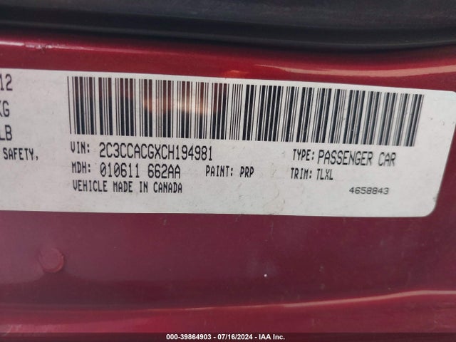 Продаж на аукціоні авто 2012 Chrysler 300 Limited, vin: 2C3CCACGXCH194981, номер лоту: 39864903