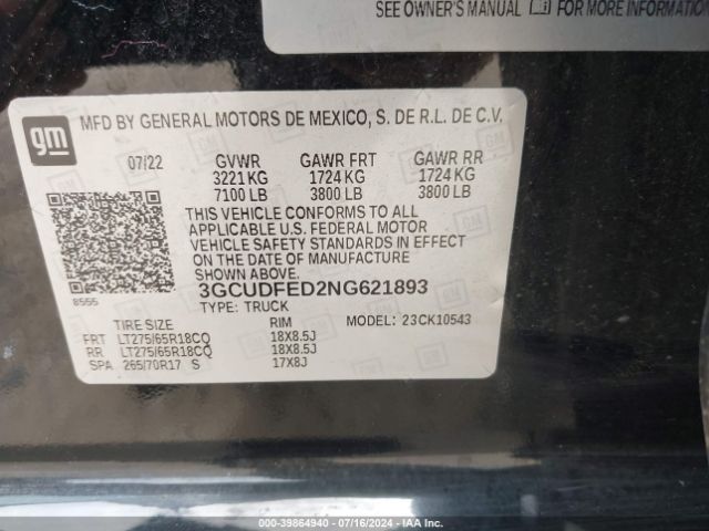 3GCUDFED2NG621893 Chevrolet Silverado 1500 4wd  Short Bed Lt Trail Boss
