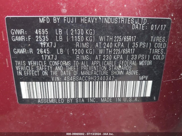 Subaru Outback 2.5i Premium 2017 4S4BSACC9H3340347 Image 9