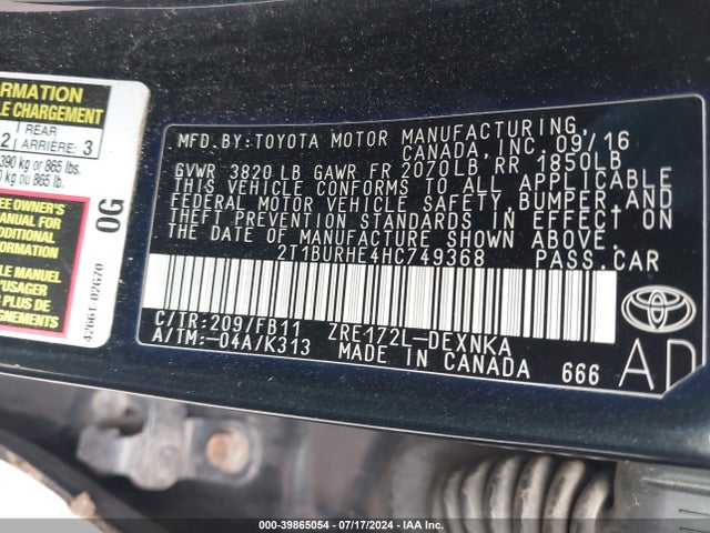 Toyota COROLLA LE 2017 2T1BURHE4HC749368 Image 9
