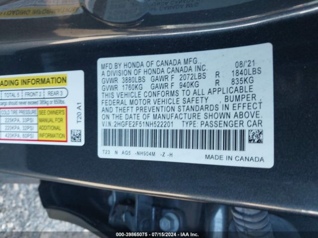 2HGFE2F51NH522201 Honda Civic Sport