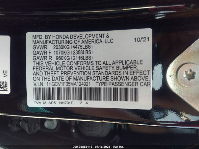 1HGCV1F35MA124921 Honda Accord Sport